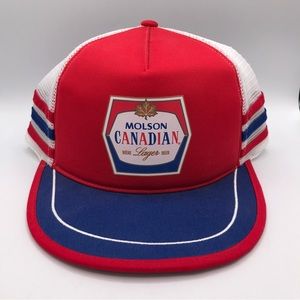 Retro Molson Canadian Trucker Hat 3 Stripe Snapback Ballcap NOS Red White Blue